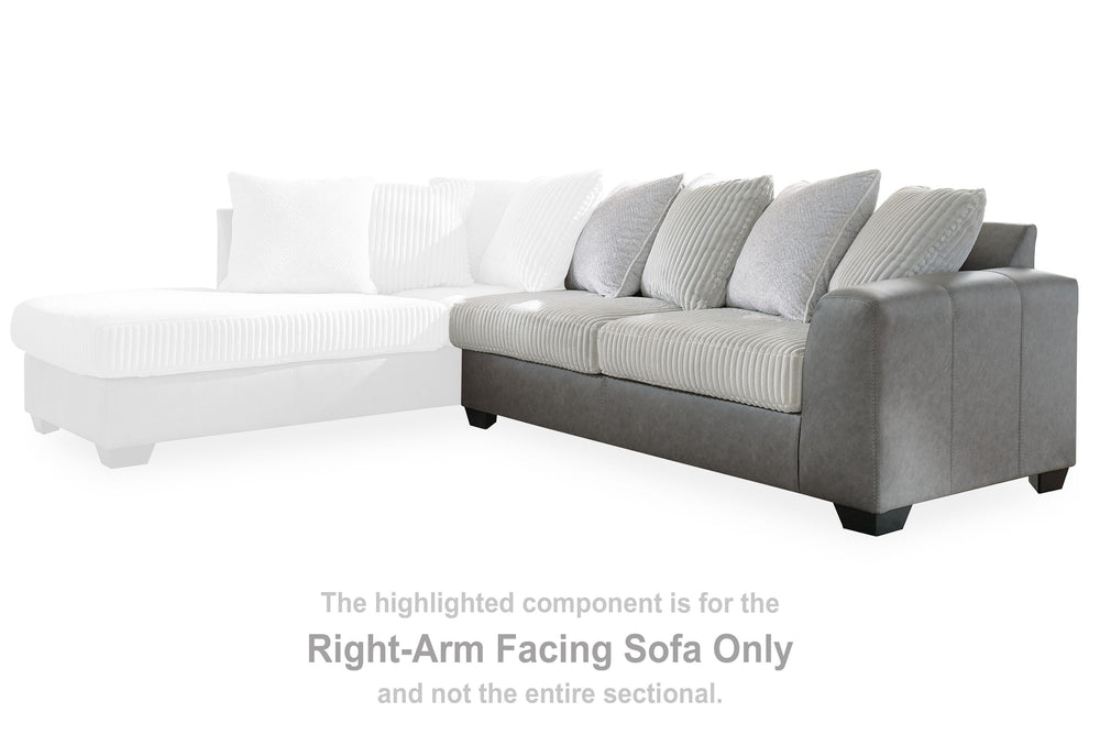 This right-arm facing sofa is made with polyester and faux leather upholstery. Pairs with other items in the series to make a sectional.<br><br><b>Additional Dimensions</b><br><ul><li>Arm height: 27-"</li><li>Seat depth: 20-"</li><li>Seat height: 20-"</li