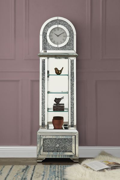 â€¢Assembled<br/><br/><b>Product Features</b><ul><li>Grandfather Clock</li><li>Standing Flat Wall</li><li>Storage: 4 Tier Shelf & 1 Storage Drawer</li><li>Beveled Mirrored Case-Frame with Faux Diamonds & Clear Glass Inlay</li><li>Clock Dial: Roman Numeral