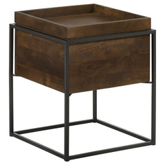 Versatile and perfect for compact homes and spaces, this accent table offers up plenty of interior storage. Designed with a minimalist aesthetic, this accent table features an open cube-inspired iron base with slim corner frame edges in a gunmetal finish.
