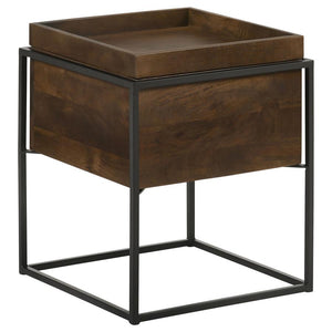 Versatile and perfect for compact homes and spaces, this accent table offers up plenty of interior storage. Designed with a minimalist aesthetic, this accent table features an open cube-inspired iron base with slim corner frame edges in a gunmetal finish.