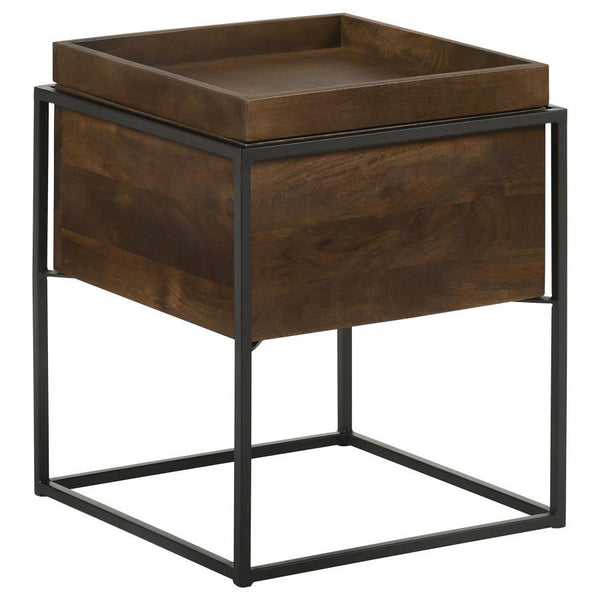 Versatile and perfect for compact homes and spaces, this accent table offers up plenty of interior storage. Designed with a minimalist aesthetic, this accent table features an open cube-inspired iron base with slim corner frame edges in a gunmetal finish.