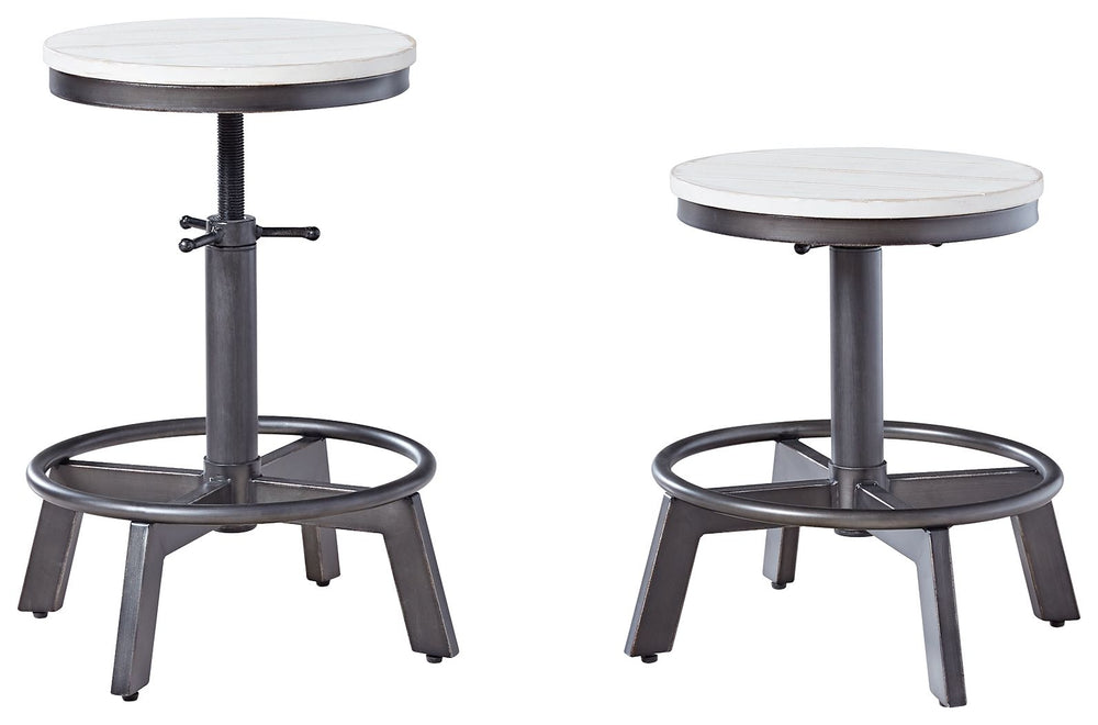 Make your home the hub for cool vibes with this stool. Its two-tone finish scheme of vintage white and aged gunmetal is full of urban industrial swagger. The stool-'s adjustable height is accommodating for you and your guests. Add it behind your sofa with