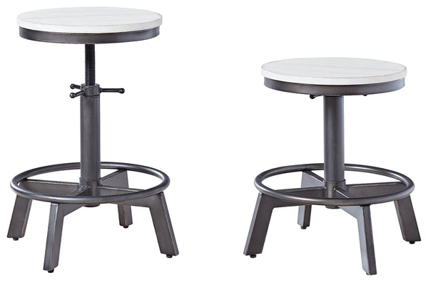 Make your home the hub for cool vibes with this stool. Its two-tone finish scheme of vintage white and aged gunmetal is full of urban industrial swagger. The stool-'s adjustable height is accommodating for you and your guests. Add it behind your sofa with