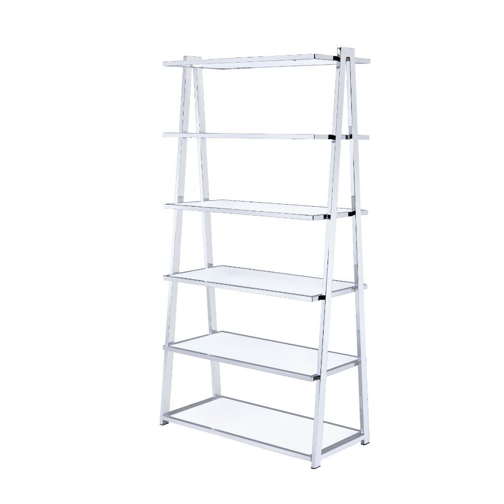 Coleen 6-Tier leaning bookcase is attractive and free standing and can be used as a bookshelf or display shelf. There are 6 total wooden shelves of differing sizes with an open back panel and a metal frame with a chrome finish. This bookshelf is the perfe