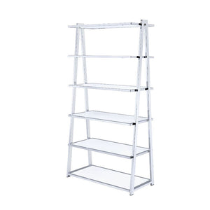 Coleen 6-Tier leaning bookcase is attractive and free standing and can be used as a bookshelf or display shelf. There are 6 total wooden shelves of differing sizes with an open back panel and a metal frame with a chrome finish. This bookshelf is the perfe
