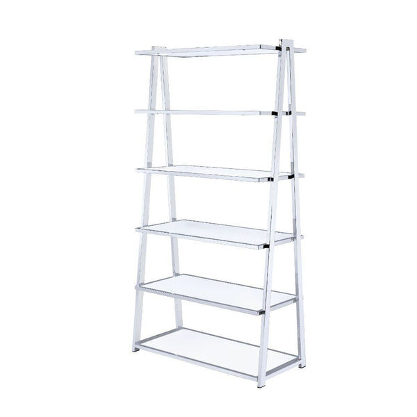 Coleen 6-Tier leaning bookcase is attractive and free standing and can be used as a bookshelf or display shelf. There are 6 total wooden shelves of differing sizes with an open back panel and a metal frame with a chrome finish. This bookshelf is the perfe