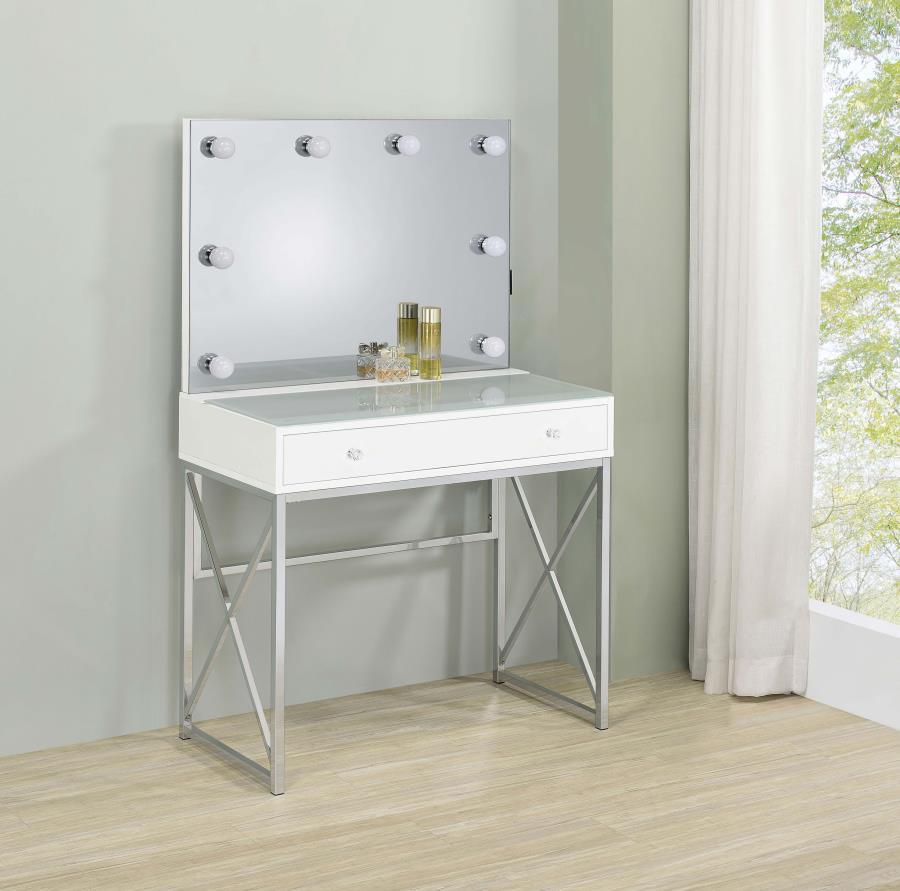 Elevate your morning rituals with a compact, contemporary vanity set, including table, mirror and stool. Perfect for makeup and hair, the vanity shows off a bright white finish with a large drawer for stashing your daily necessities. On top, a lighted mir