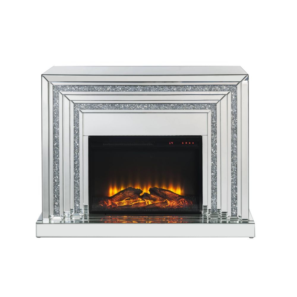 Assembled, Rectangular Fireplace â€¢ Beveled Mirrored Finish, with Faux Diamonds Inlay (B) â€¢ Orientation: Free Standing â€¢ NO Storage â€¢ Fireplace with Touch Control Panel & Remote Controller â€¢ Functions: Adjustable Temperature, Timer, Flame Light O