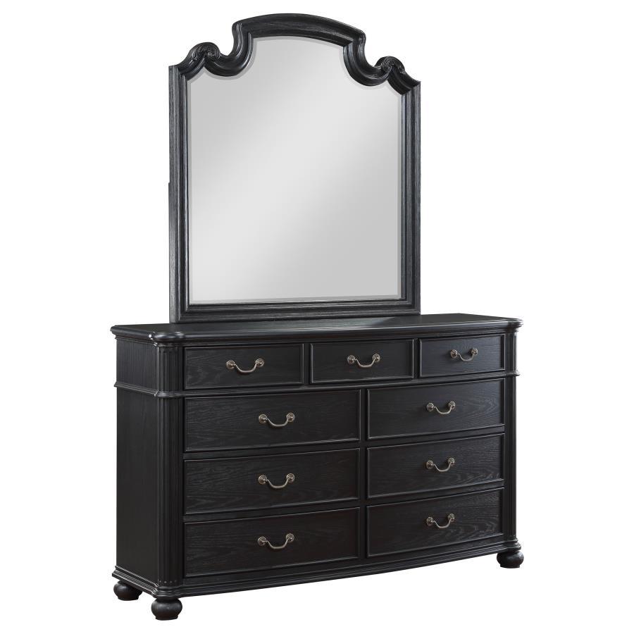 Elevate your bedroom-'s ambiance with this nine-drawer dresser, a piece that melds classic style with ample storage. The top drawers are felt-lined, offering a soft enclosure for jewelry and treasured items. Each drawer slides out smoothly, allowing for e