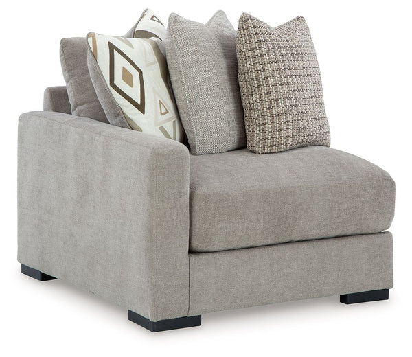This left-arm facing corner chair is made with polyester upholstery. Fully finished on all sides, it pairs with other items in the series to make a modular sectional.<br><br><b>Additional Dimensions</b><br><ul><li>Arm height: 24-"</li><li>Seat depth: 27-"