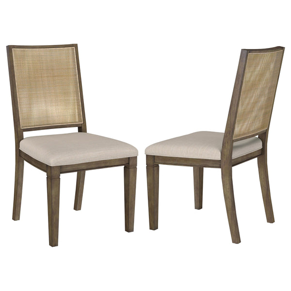 A trio of natural hues brings refined but casual character to a modern farmhouse dining chair. Perfect for friends and family enjoying delicious meals, the chair features a plush foam seat with beige upholstery. Its back is rattan, adding texture and char