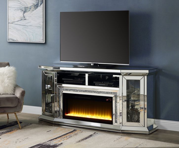 Brighten up your living area with this Noralie fireplace. Glamourous styling combined with modern accents makes this transitional fireplace a must in every home. This electric fireplace boasts LED bulbs that light up the ambiance with realistic flames and