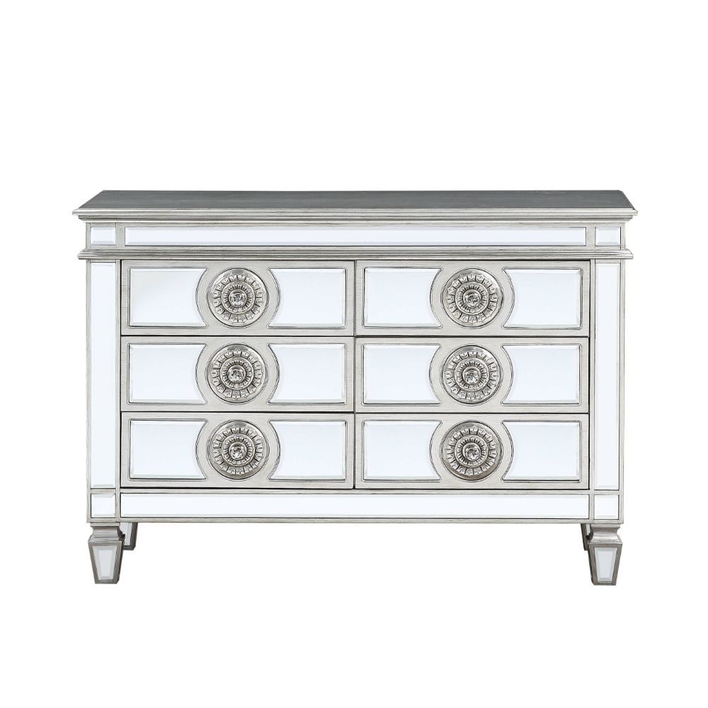 Server Storage: 6 Drawers Wooden Top & Frame, Raised Trim, Beveled-Mirror Inlay ((Door/Drw/Case), Tapered Leg CONSTRUCTION] Wooden Frame: Beveled Mirror, Wood (Poplar+Rbw), MDF Mirrored Tapered Leg Drawer: GLIDE Side Metal, HARDWARE: Single Crystal-like P