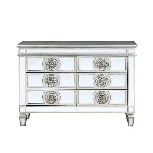 Server Storage: 6 Drawers Wooden Top & Frame, Raised Trim, Beveled-Mirror Inlay ((Door/Drw/Case), Tapered Leg CONSTRUCTION] Wooden Frame: Beveled Mirror, Wood (Poplar+Rbw), MDF Mirrored Tapered Leg Drawer: GLIDE Side Metal, HARDWARE: Single Crystal-like P