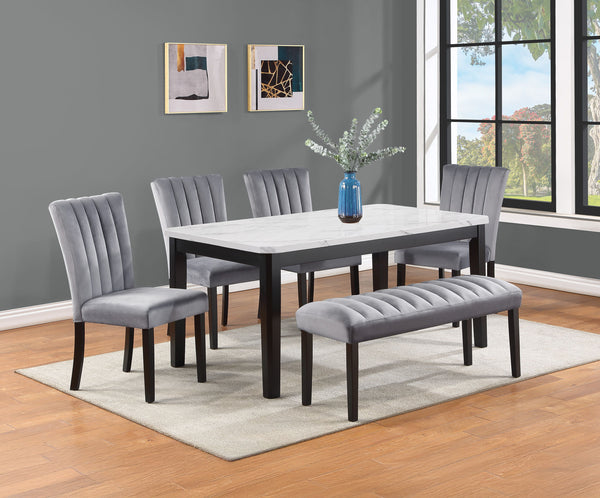 Elevate your dining space with this luxurious and modern dining group, designed to bring elegance and sophistication to every meal. The stunning faux-marble tabletop offers a sleek and polished look, beautifully complemented by the bold, black frame for a