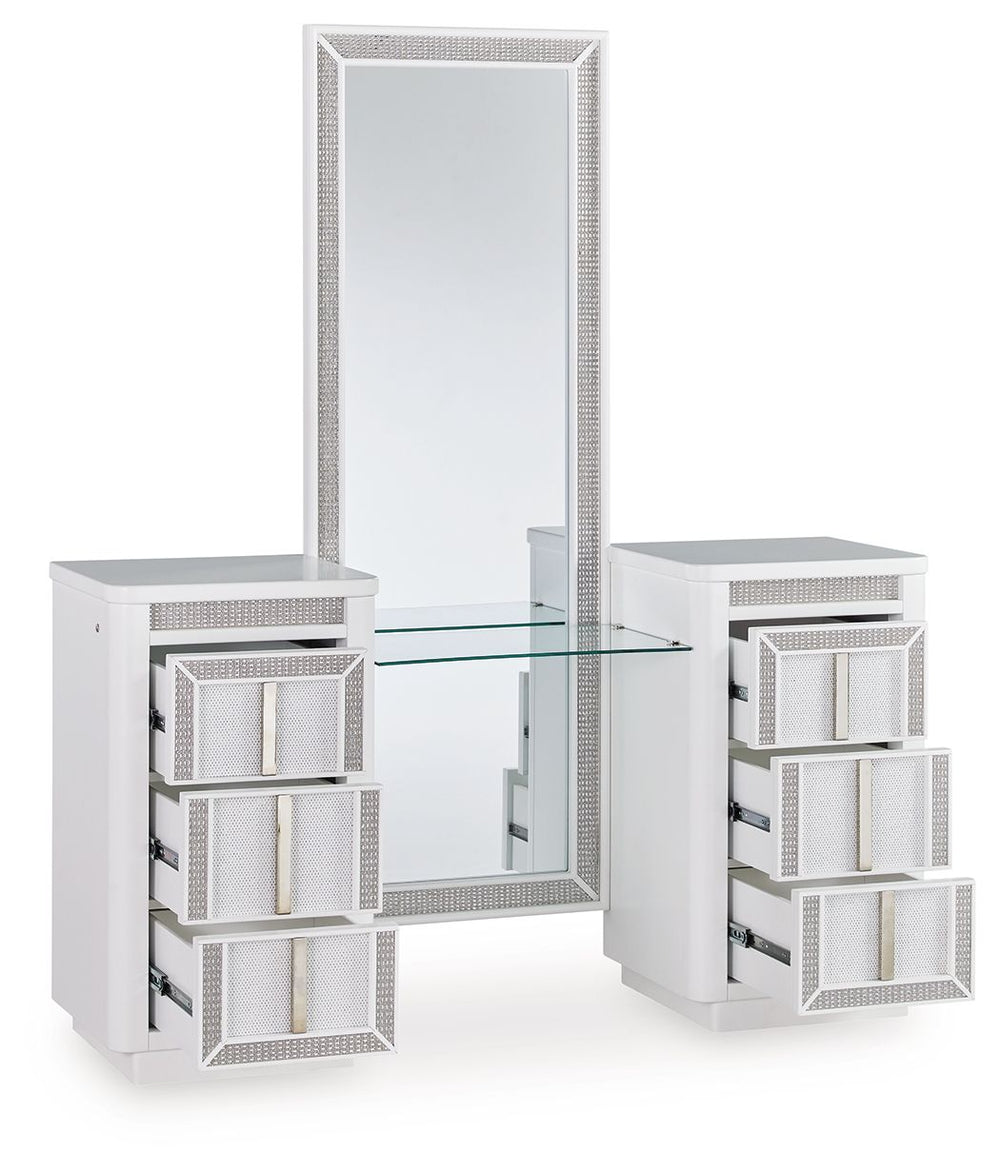 Transform your bedroom with this chic vanity and mirror. Its modern design and glamorous details create a sophisticated retreat. The built-in LED lighting and rhinestone-framed drawers and mirror add style and practical storage while reflecting elegance. 