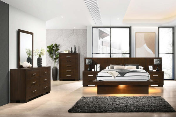 Contemporary verve reflects in the design of this crisp, modern bedroom set perfect for an updated space. Linear design creates a sharp aesthetic, adding a fresh spin to master or guest bedrooms. A stacked platform bed with wall panel attaching to nightst