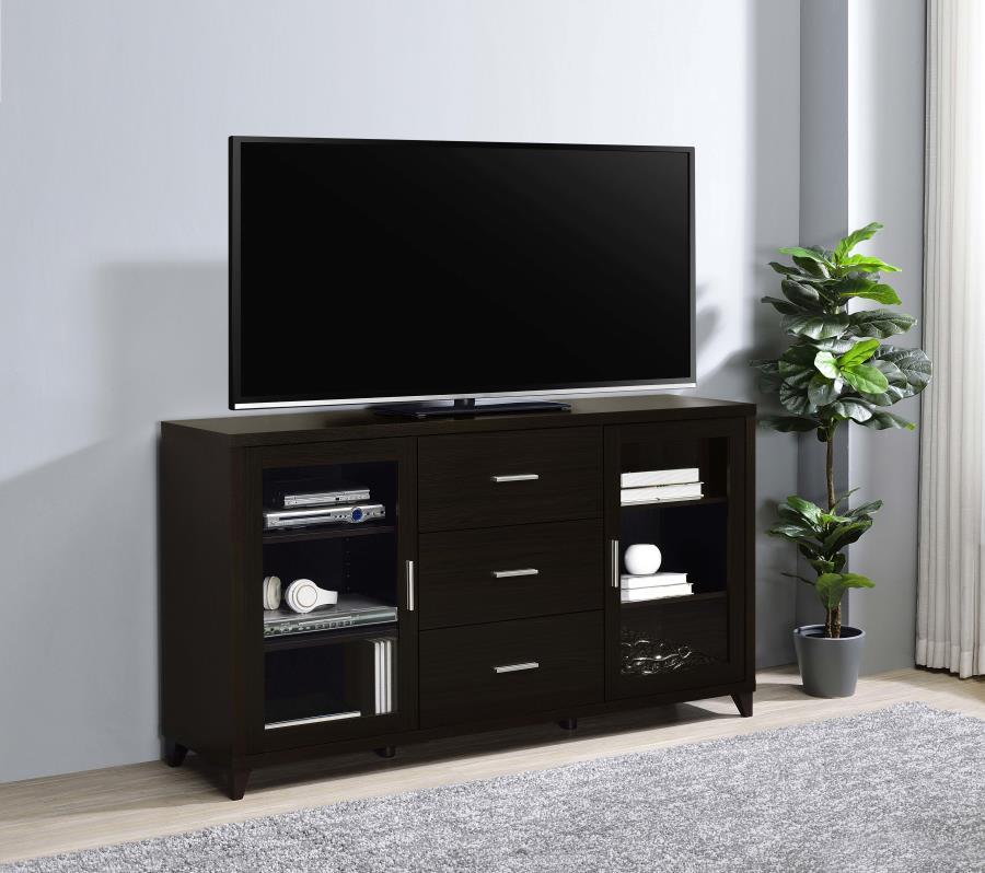 This handsome TV console is the perfect blend of convenience and class. Its large, sturdy surface provides plenty of space to accommodate televisions of all sizes. Its durable, wooden shelves are easily adjustable for added versatility. Three spacious dra