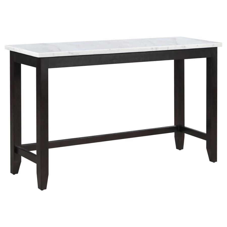 Create a breakfast bar in your kitchen nook with this modern counter height table. Designed with a striking color combination, a rustic espresso trestle base lends a dramatic touch and grounds the room elegantly. Gather friends and family around the long 