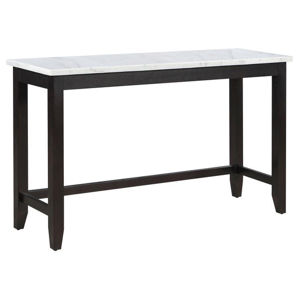Create a breakfast bar in your kitchen nook with this modern counter height table. Designed with a striking color combination, a rustic espresso trestle base lends a dramatic touch and grounds the room elegantly. Gather friends and family around the long 