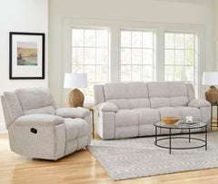 Big and cozy, but make it fancy! The Buster Sofa, Loveseat & Recliner does just that. Two one-and-a-half-sized seats with exaggeratedly large plush cushions and dual manual reclining mechanisms create oversized lounging space that just beckon you to take 