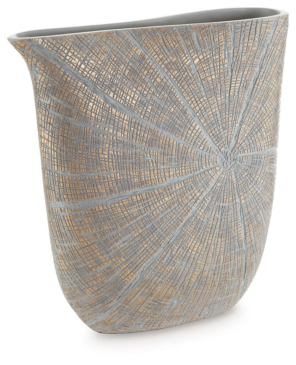 A unique mix of primitive and modern, this vase has an exquisite artisanal appeal. Its wide mouth holds your most bountiful bouquets. The vaseâ€™s intriguing silhouette and starburst pattern capture the eye, complementing a room that craves sophistication