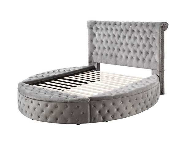 With a lavish movie star modern design, the Gaiva bed adds drama to your bedroom dcor. It has a tufted upholstered velvet fabric headboard and footboard. Built on a wooden frame with nailhead applications to add elegance to the bed. Adding further appeal 
