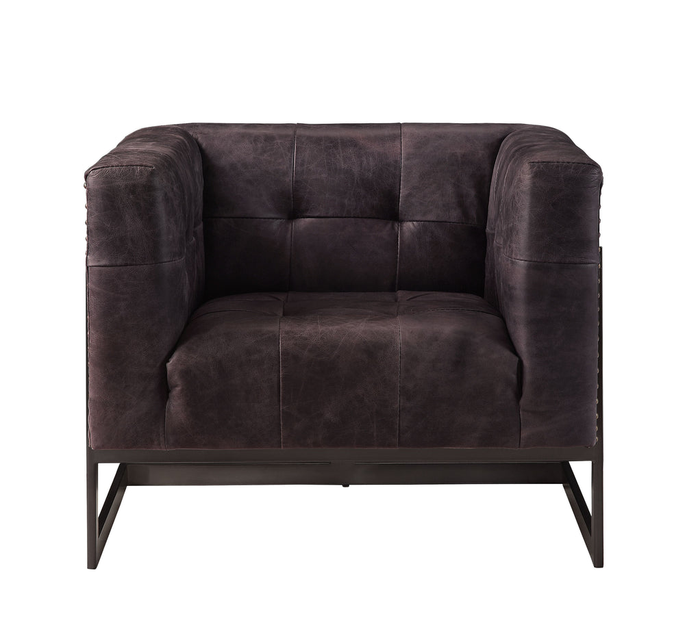 Sagat is a striking update to the traditional club chair. Wooden plank panels with an old pine finish wraps around the outer backrest and arms of the top grain leather upholstered chair. Featuring tufting on the tight back and seat cushions, as well as th