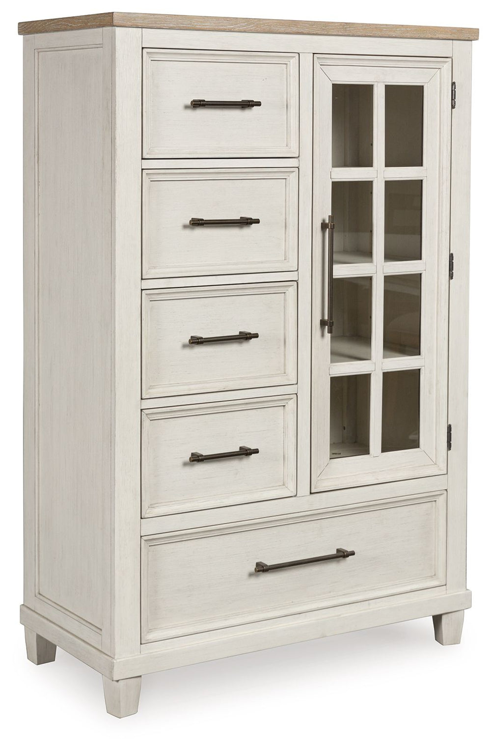 This door chest elevates the art of modern farmhouse design. Its two-tone aesthetic blends antiqued white and light grayish brown for a charming finish. Framed drawer fronts and a windowpane door lend a country feel. Conveying a feeling of relaxed comfort