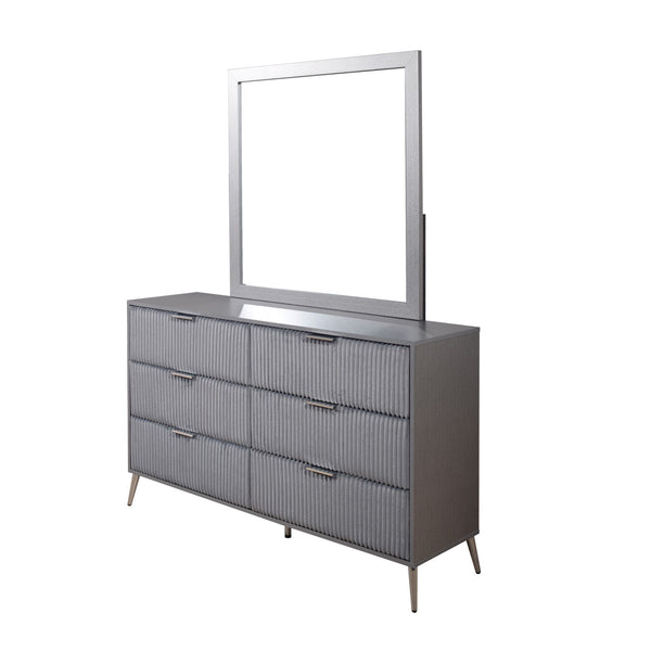 The Kailani Dresser Mirror in gray is a stylish and eco-friendly addition to any bedroom, expertly crafted from a blend of solid rubberwood, engineered wood, and eco-friendly decorative laminate. This construction ensures long-lasting style and sustainabi