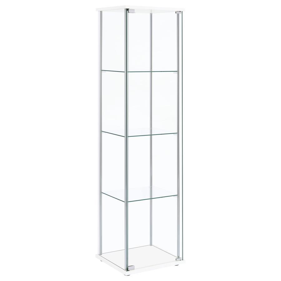 Perfect for decorative plates and vases, this white curio cabinet helps to open up space. Sleek and tall, the four shelves are great for adding visual height to a living or dining room. Smooth chrome details complement the clear modern shape. Neutral in c