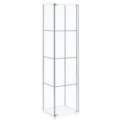 Perfect for decorative plates and vases, this white curio cabinet helps to open up space. Sleek and tall, the four shelves are great for adding visual height to a living or dining room. Smooth chrome details complement the clear modern shape. Neutral in c