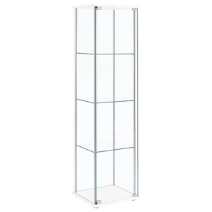 Perfect for decorative plates and vases, this white curio cabinet helps to open up space. Sleek and tall, the four shelves are great for adding visual height to a living or dining room. Smooth chrome details complement the clear modern shape. Neutral in c