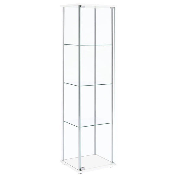 Perfect for decorative plates and vases, this white curio cabinet helps to open up space. Sleek and tall, the four shelves are great for adding visual height to a living or dining room. Smooth chrome details complement the clear modern shape. Neutral in c