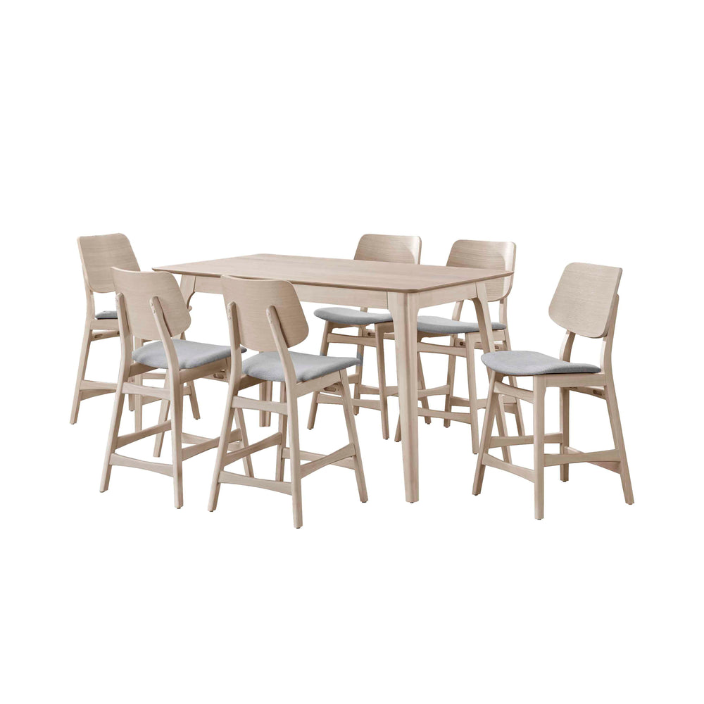 The Oscar Mid-Century Modern Wood 7 Piece Counter Height Dining Set offers a sophisticated blend of style and functionality for your dining area. This set includes a 60-inch counter height table and SIX counter chairs, all crafted from solid Rubberwood an