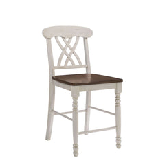 KD, Armless Counter Chair (High Backrest) Wooden SEAT & BACK: Oak Finish Wooden Seat & Apron: Buttermilk Finish, Solid Wood Seat w/Scooping, Box Seat Wooden Backrest: Overlapping -"XX-" Design, Buttermilk Finish Wooden Turned Front Legs: Buttermilk Finish