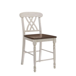 KD, Armless Counter Chair (High Backrest) Wooden SEAT & BACK: Oak Finish Wooden Seat & Apron: Buttermilk Finish, Solid Wood Seat w/Scooping, Box Seat Wooden Backrest: Overlapping -"XX-" Design, Buttermilk Finish Wooden Turned Front Legs: Buttermilk Finish
