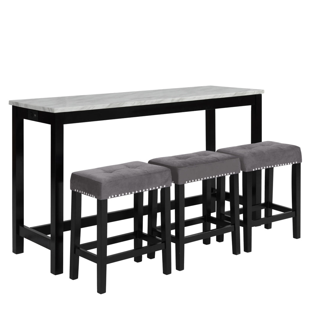 The Celeste 4-Piece Theater Bar Table Set is the epitome of contemporary design seamlessly blended with functional features. This set includes a 60-inch counter table and three gray velvet stools, all adorned with an espresso base and a faux marble top in