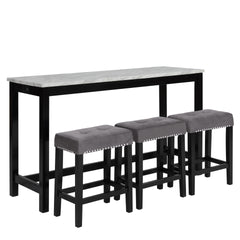 The Celeste 4-Piece Theater Bar Table Set is the epitome of contemporary design seamlessly blended with functional features. This set includes a 60-inch counter table and three gray velvet stools, all adorned with an espresso base and a faux marble top in