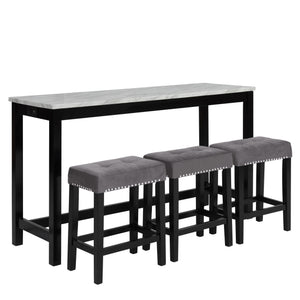 The Celeste 4-Piece Theater Bar Table Set is the epitome of contemporary design seamlessly blended with functional features. This set includes a 60-inch counter table and three gray velvet stools, all adorned with an espresso base and a faux marble top in