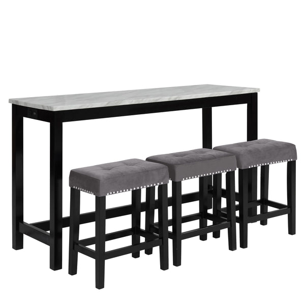 The Celeste 4-Piece Theater Bar Table Set is the epitome of contemporary design seamlessly blended with functional features. This set includes a 60-inch counter table and three gray velvet stools, all adorned with an espresso base and a faux marble top in