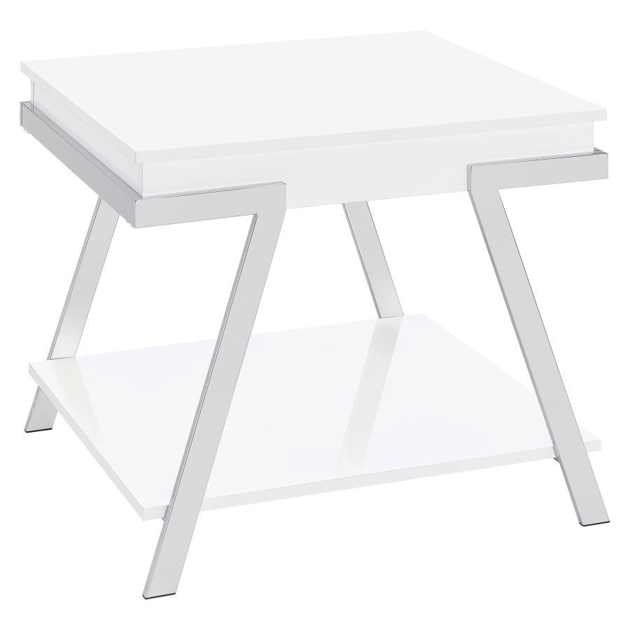 Go full-on modern with a casual feel that delivers a surprising energetic boost. This ultra-contemporary end table made of white high gloss finish MDF with paper coating creates a stir in your laid-back living room or family room. Angular metal framing ad