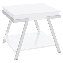 Go full-on modern with a casual feel that delivers a surprising energetic boost. This ultra-contemporary end table made of white high gloss finish MDF with paper coating creates a stir in your laid-back living room or family room. Angular metal framing ad