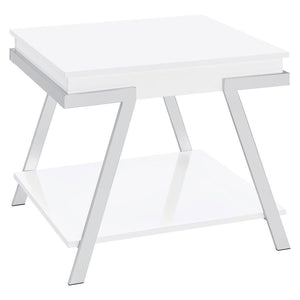 Go full-on modern with a casual feel that delivers a surprising energetic boost. This ultra-contemporary end table made of white high gloss finish MDF with paper coating creates a stir in your laid-back living room or family room. Angular metal framing ad