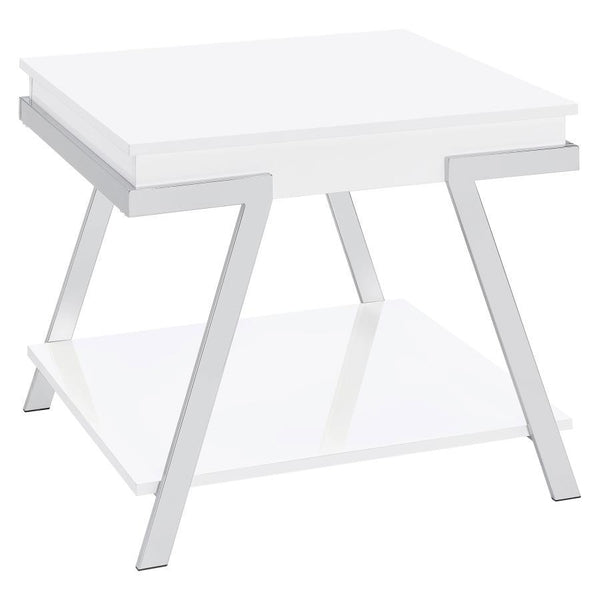 Go full-on modern with a casual feel that delivers a surprising energetic boost. This ultra-contemporary end table made of white high gloss finish MDF with paper coating creates a stir in your laid-back living room or family room. Angular metal framing ad