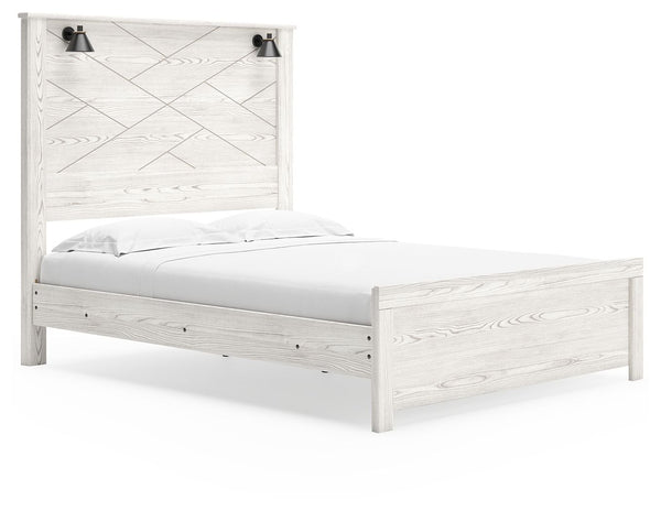 Cool, clean and casually modern. This queen panel bedâ€™s white rustic finish sets the tone for your calming sanctuary. Matte black sconce lights and an abstract design on the headboard bring a fresh look to the bedâ€™s simply stunning profile. <h4><b>Ger