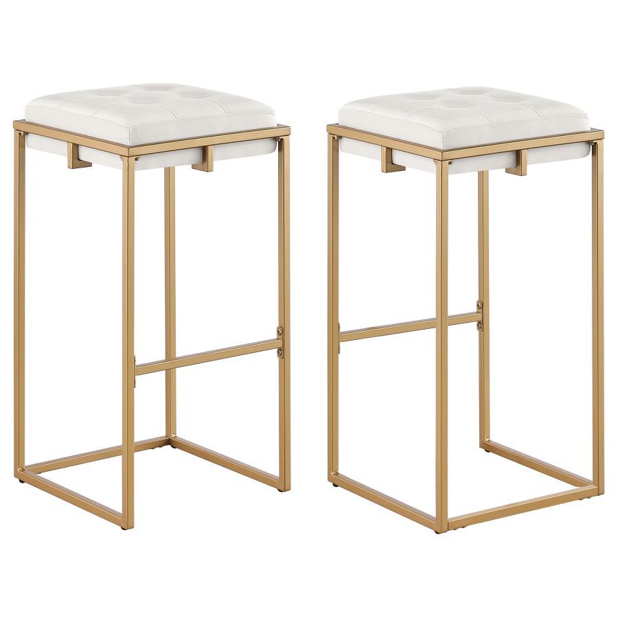 Sleek and sophisticated, these two modern glam stools offer a refreshingly chic style for bars and countertops. Slim, gold metal frames embrace the foam padded cushion, offering a comfy place to rest as you unwind and converse with guests and family. The 