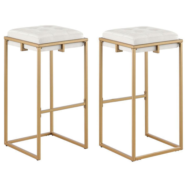 Sleek and sophisticated, these two modern glam stools offer a refreshingly chic style for bars and countertops. Slim, gold metal frames embrace the foam padded cushion, offering a comfy place to rest as you unwind and converse with guests and family. The 