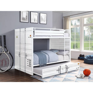 The Cargo bunk bed and trundle is the perfect addition to any child-'s room. This contemporary container themed metal bunk bed is crafted with an industrial look that is an ideal addition to your bedroom. The bed is accented with recessed panel design and