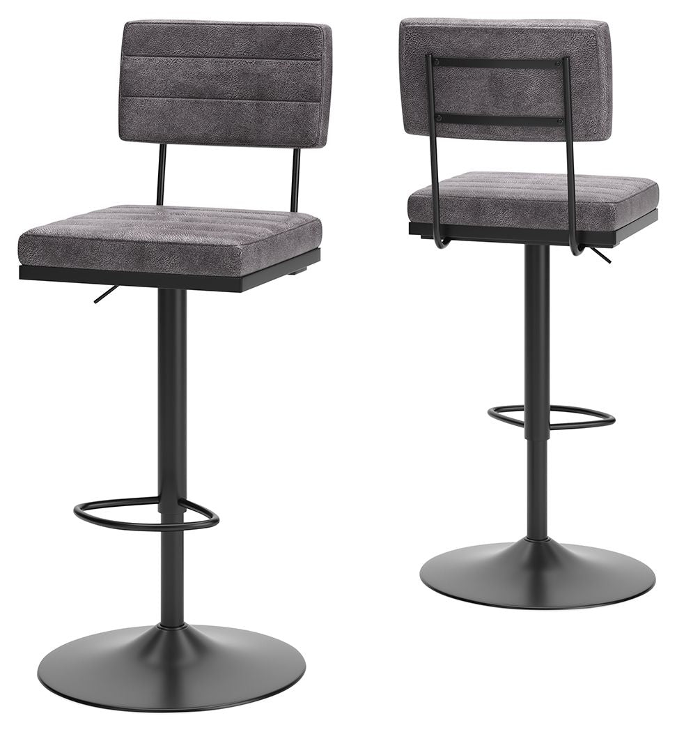 Have a seat in sleek style with this upholstered swivel bar stool. Contemporary with a casual vibe, it-'s dressed to impress with a metal frame and a cushioned seat and back wrapped in gray faux leather. Along with the bar stool-'s smooth-gliding swivel, 